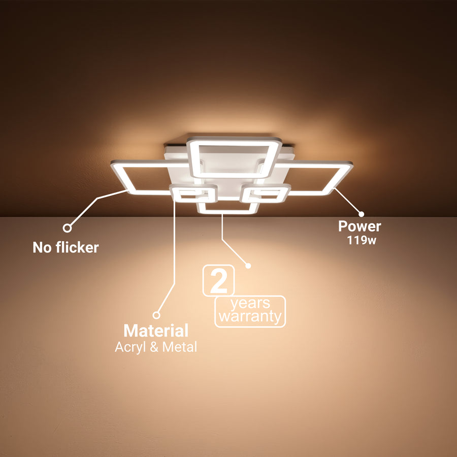 LED lustr s dálkovým ovládáním ELLA 119W, 6 čtverců, studené/teplé/neutrální světlo, stmívatelné, bílý LED lustr s dálkovým ovládáním Výchozí název Alessandro Design