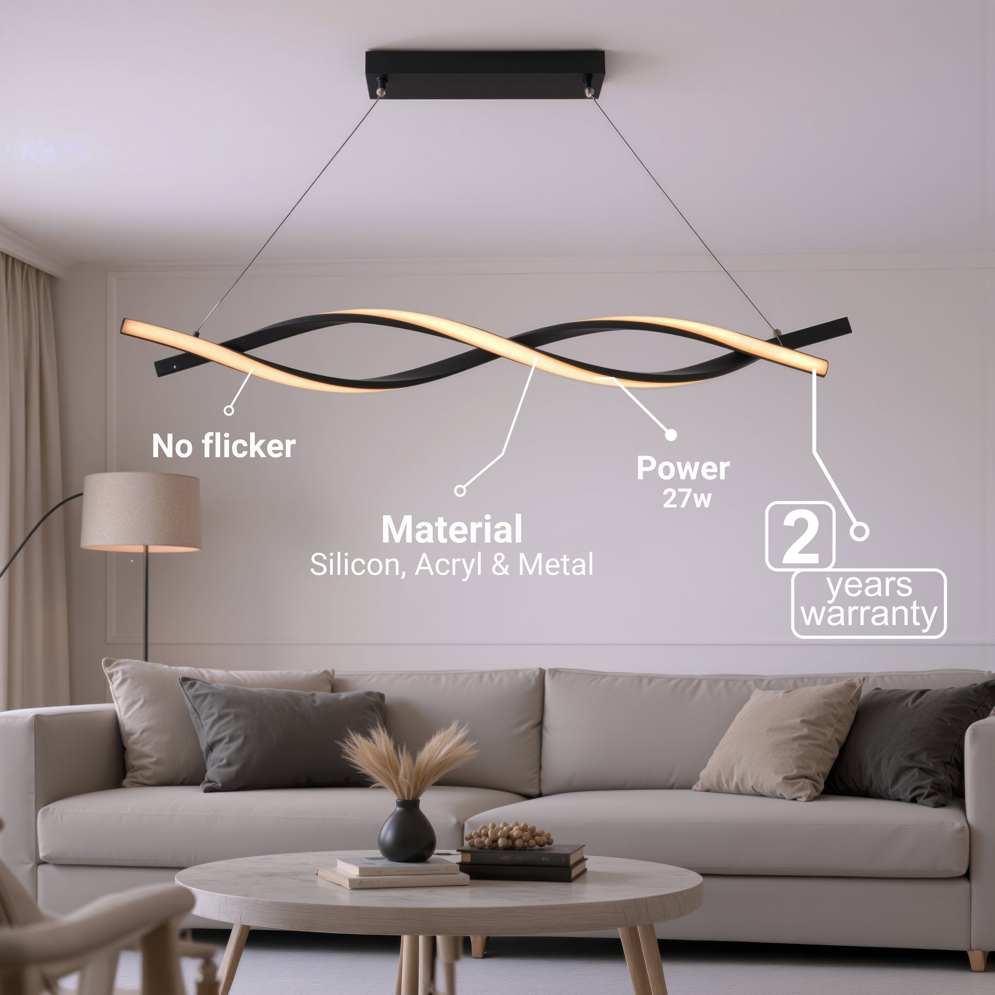 Závěsný LED lustr s dálkovým ovládáním, FLUX, 27W, 116cm, studené/teplé/neutrální světlo 3000K/4000K/6000K, stmívatelný, černý, nastavitelná výška, kovové a silikonové moderní lustry Výchozí název Design Alessandro