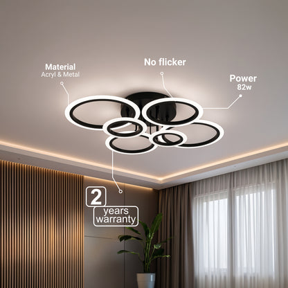 LED lustr s dálkovým ovládáním BETTY 82W, 6 kruhů, studené/teplé/neutrální světlo, stmívatelné, černé LED lustry s dálkovým ovládáním Výchozí název Alessandro Design