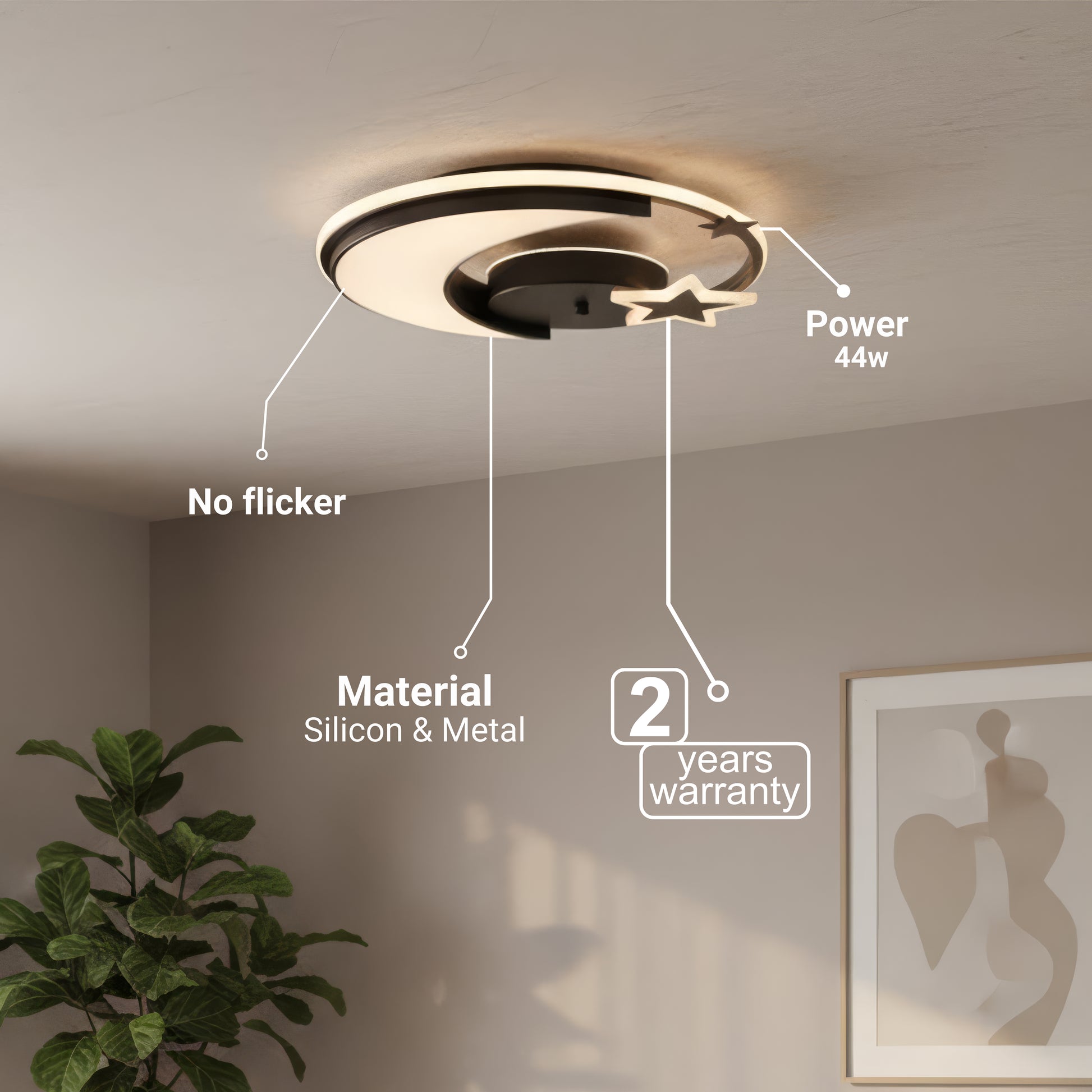 LED lustr s dálkovým ovládáním ALYONA 44W, Měsíc a hvězda, Studené/Teplé/Neutrální světlo, Stmívatelné, Černý LED lustr s dálkovým ovládáním Výchozí název Alessandro Design