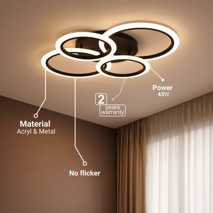 LED lustr s dálkovým ovládáním BETTY 43W, 4 kruhy, studené/teplé/neutrální světlo, stmívatelné, černé LED lustry s dálkovým ovládáním Výchozí název Alessandro Design