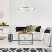 Závěsný LED lustr, ANINA, 34W, 1 kruh, Průměr 50 cm, Studené/Teplé/Neutrální světlo 3000K/4000K/6000K, Stmívatelné, Lesklá zlatá bílá, Nastavitelná výška, Kovové a akrylové LED lustry s dálkovým ovládáním Výchozí název Alessandro Design