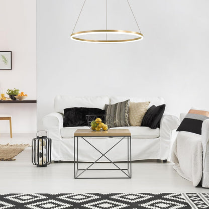 Závěsný LED lustr, ANINA, 34W, 1 kruh, Průměr 50 cm, Studené/Teplé/Neutrální světlo 3000K/4000K/6000K, Stmívatelné, Lesklá zlatá bílá, Nastavitelná výška, Kovové a akrylové LED lustry s dálkovým ovládáním Výchozí název Alessandro Design
