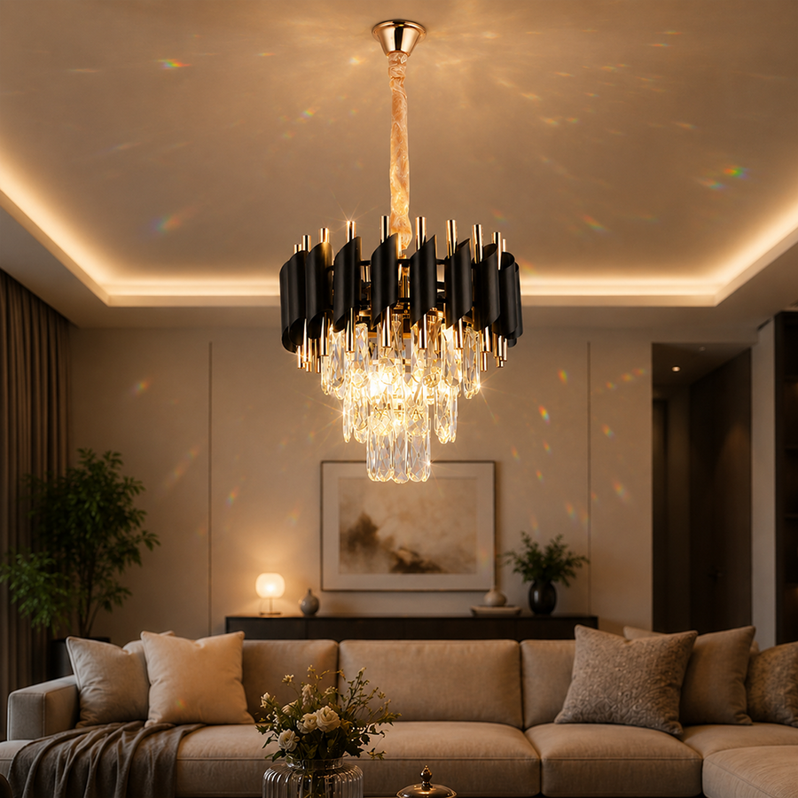 Křišťálový lustr VERSAILLES Petito 3xE14, průměr 30 cm, lesklá zlatá a černá, nastavitelná výška Křišťálový lustr Výchozí název Alessandro Design