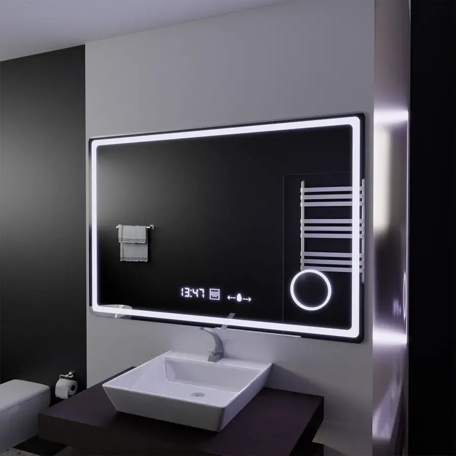 Obdélníkové LED zrcadlo, 120x80cm, Souverain MotionGlow Marcello, Systém odmlžování, Hodiny a teploměr, Kosmetická lupa, Stmívatelné Marcello Zrcadla Výchozí název Alessandro Design