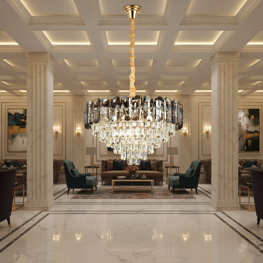 Candelabru Cristal AURUM Magno 12xE14, Diametru 60cm, Inaltime 40cm, Auriu Lucios, Inaltime Reglabila, Design Elegant