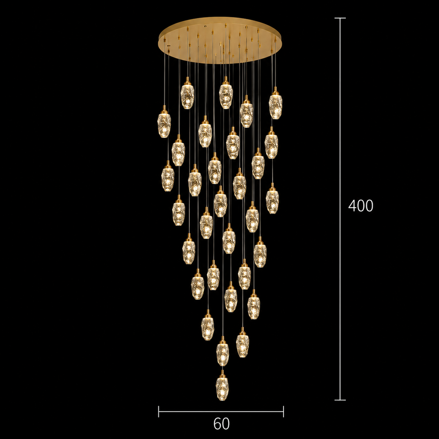 Závěsný křišťálový LED lustr, Justinian, Průměr 60 cm, Nastavitelná výška, Zlato, Kov a Křišťál