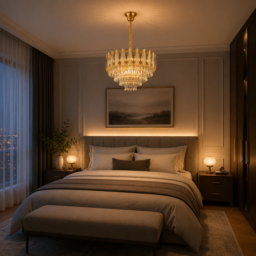 Křišťálový lustr BUCKINGHAM Eleganza 8x E14, Průměr 50cm, Lesklý zlatý, Nastavitelná výška