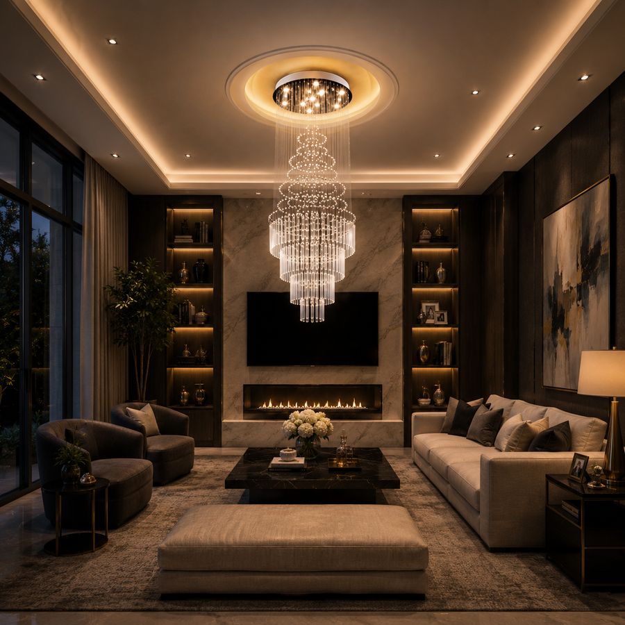 LED křišťálový lustr 80W AUGUSTA Gold, průměr 50 cm, výška 200 cm, model žebříku