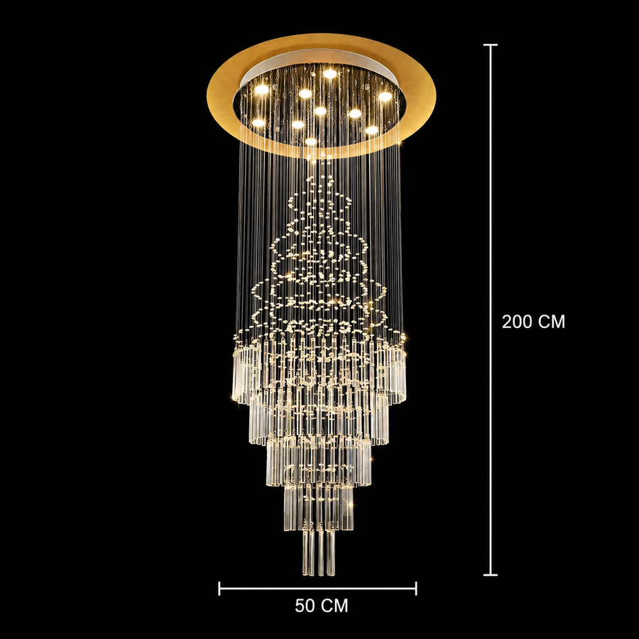 LED křišťálový lustr 80W AUGUSTA Gold, průměr 50 cm, výška 200 cm, model žebříku