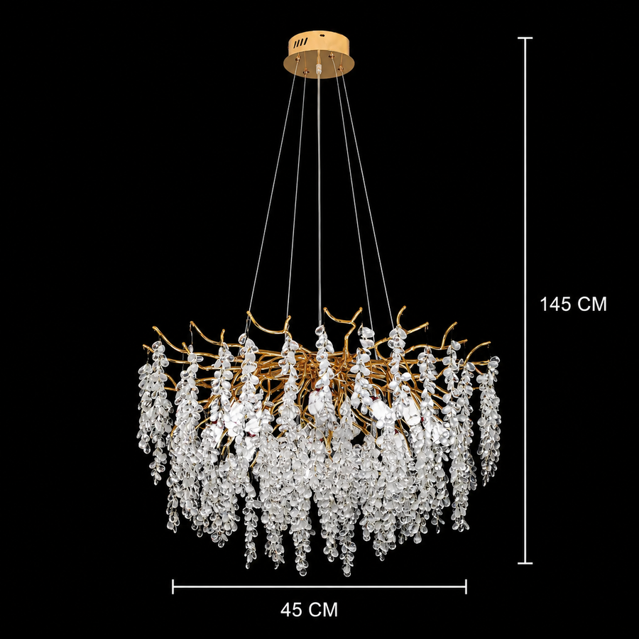 Kaskádový křišťálový lustr WALTZ, 6xG9, zlatý, průměr 45 cm, nastavitelná výška