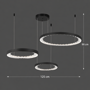 Závěsný LED lustr s dálkovým ovládáním, K9 Crystals, 80W, 3 kruhy, studené/teplé/neutrální světlo, stmívatelný, černý, výškově nastavitelný