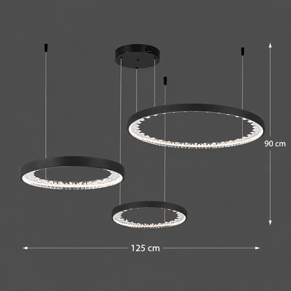 Závěsný LED lustr s dálkovým ovládáním, K9 Crystals, 80W, 3 kruhy, studené/teplé/neutrální světlo, stmívatelný, černý, výškově nastavitelný