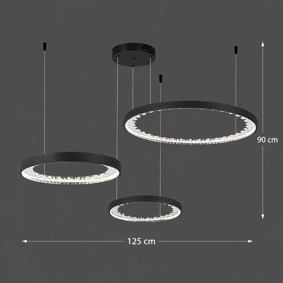 Závěsný LED lustr s dálkovým ovládáním, K9 Crystals, 80W, 3 kruhy, studené/teplé/neutrální světlo, stmívatelný, černý, výškově nastavitelný