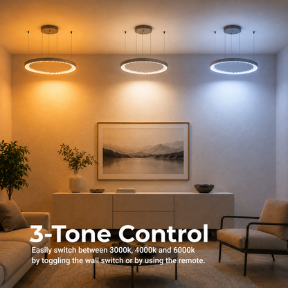 Závěsný LED lustr s dálkovým ovládáním, K9 Crystals, 80W, 3 kruhy, studené/teplé/neutrální světlo, stmívatelný, černý, výškově nastavitelný