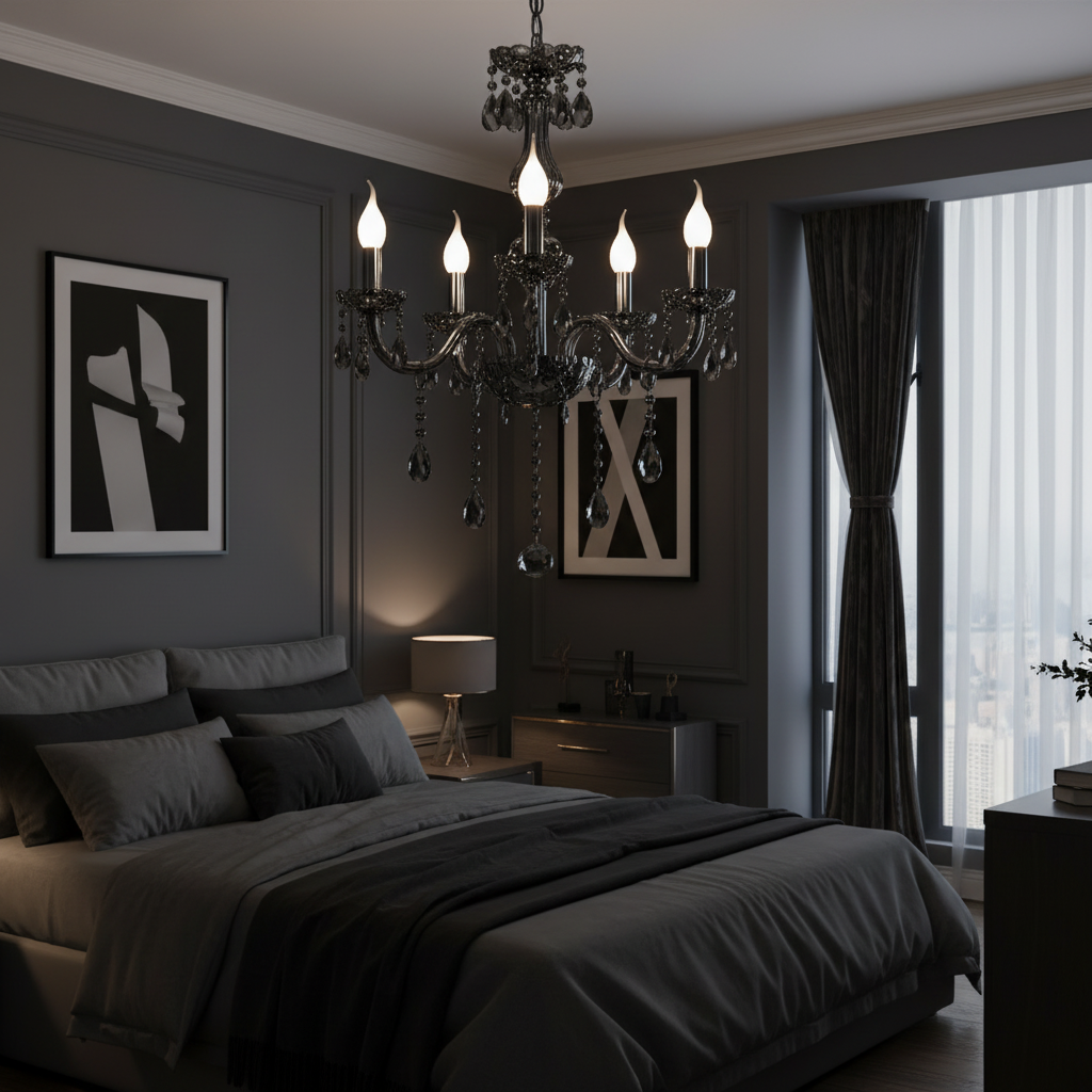 Křišťálový lustr ALNWICK Eleganza, 5xE14, Průměr 48cm, Černý, Nastavitelná výška Klasické lustry Výchozí název Alessandro Design
