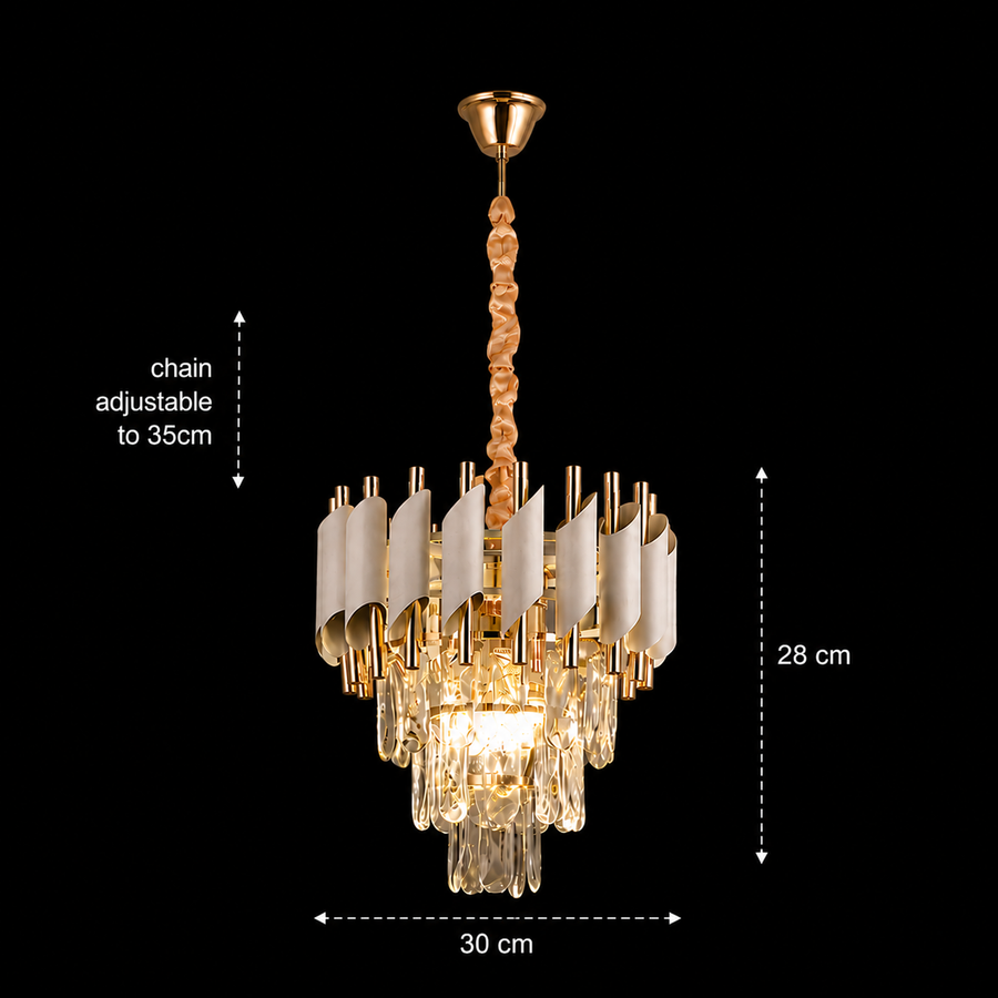 Křišťálový lustr VERSAILLES Petito 3xE14, průměr 30 cm, lesklá zlatá a bílá, nastavitelná výška, kov a křišťálové křišťálové lustry Výchozí název Alessandro Design