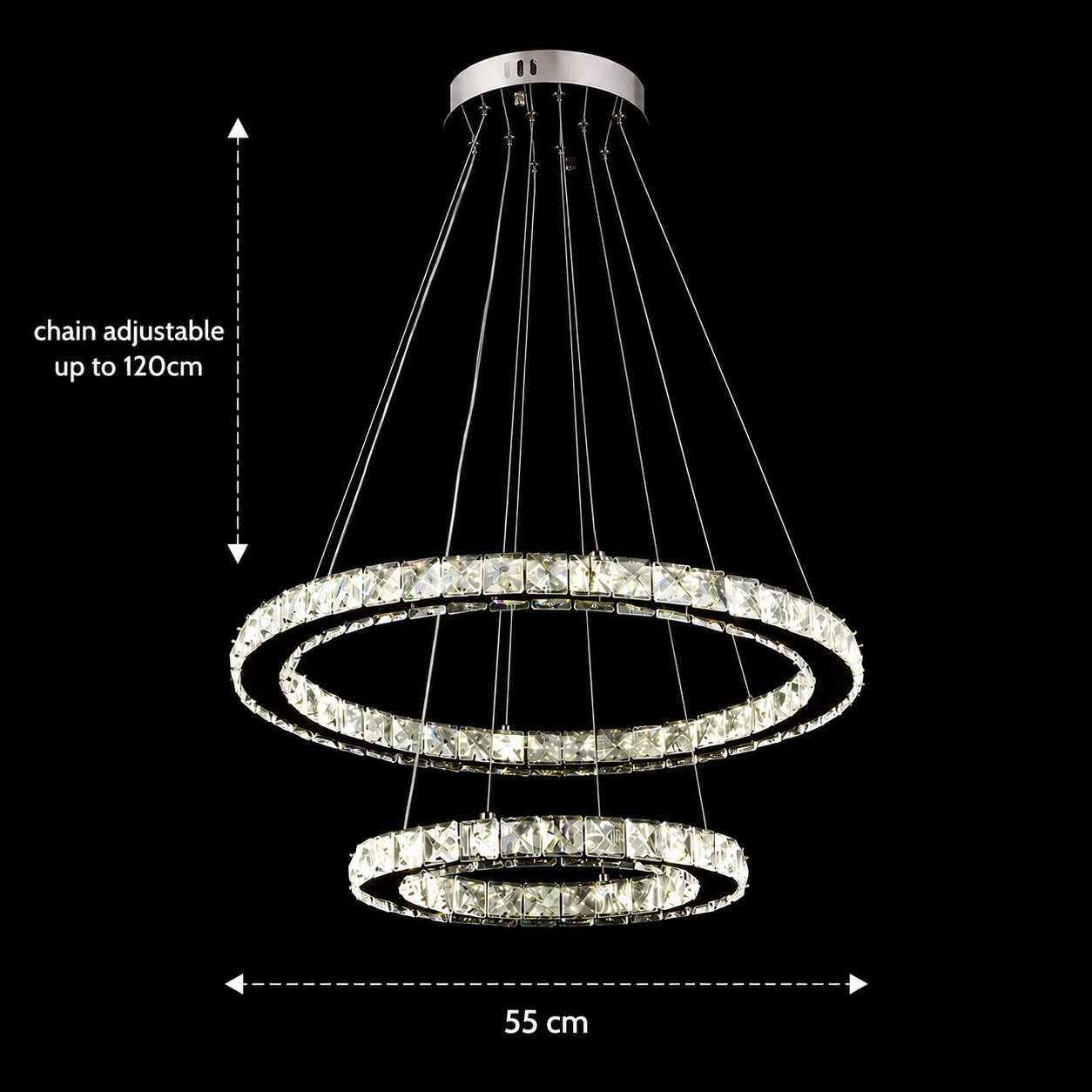LED lustr s dálkovým ovládáním a krystalem PRISM LUMINIS 58W, 2 kruhy, studené/teplé/neutrální světlo, stmívatelné, chrom a bílá, nastavitelná výška LED lustry s dálkovým ovládáním Výchozí název Alessandro Design