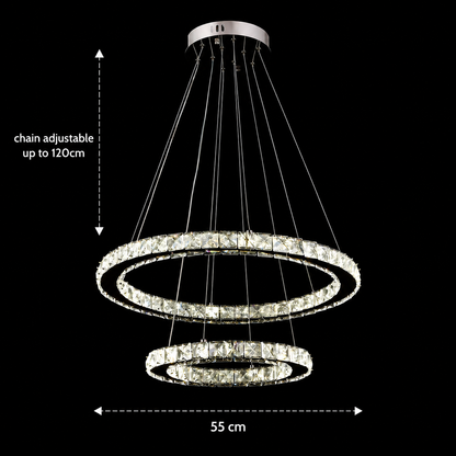 LED lustr s dálkovým ovládáním a krystalem PRISM LUMINIS 58W, 2 kruhy, studené/teplé/neutrální světlo, stmívatelné, chrom a bílá, nastavitelná výška LED lustry s dálkovým ovládáním Výchozí název Alessandro Design