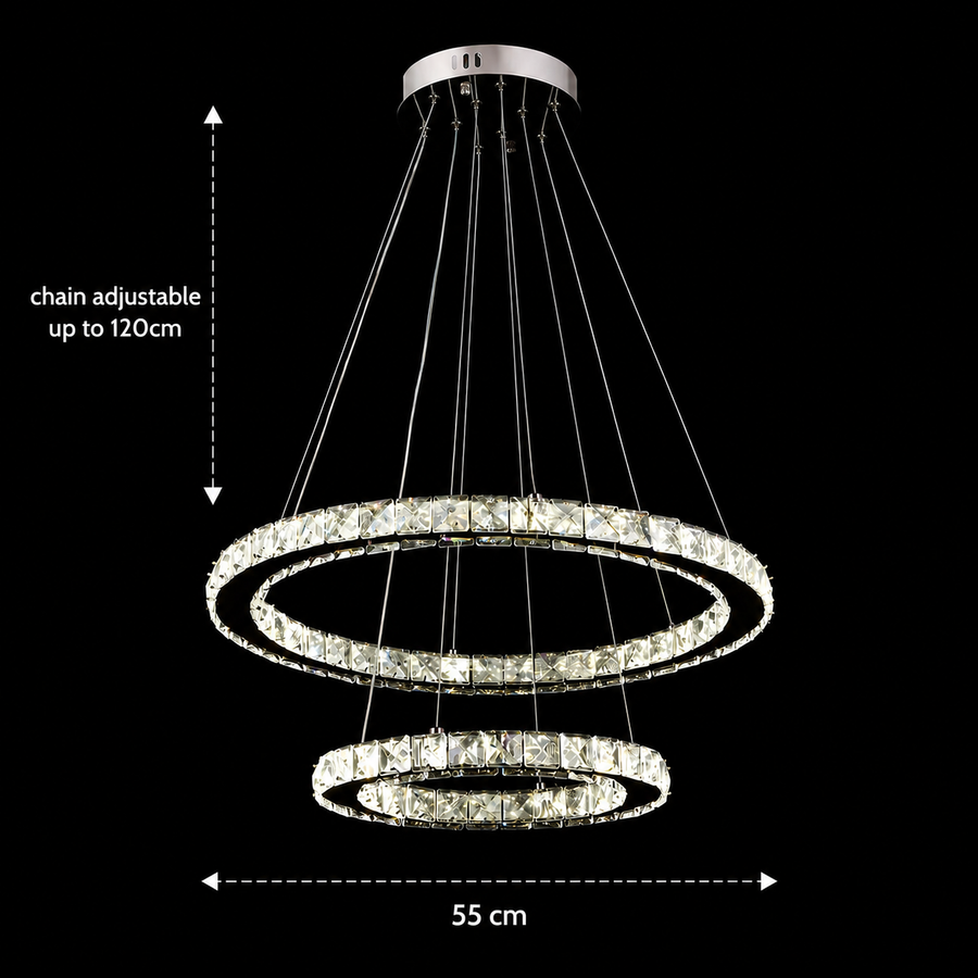 LED lustr s dálkovým ovládáním a krystalem PRISM LUMINIS 58W, 2 kruhy, studené/teplé/neutrální světlo, stmívatelné, chrom a bílá, nastavitelná výška LED lustry s dálkovým ovládáním Výchozí název Alessandro Design