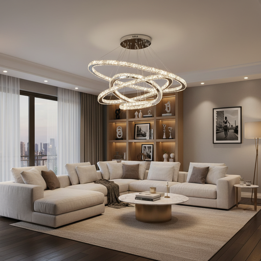 LED lustr s dálkovým ovládáním PRISM Luminis, krystal a kov, 210 W, 4 kruhy, stmívatelný, studené/teplé/neutrální světlo, luxusní osvětlení