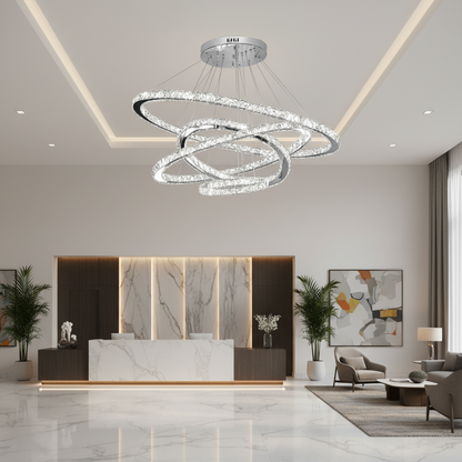 LED lustr s dálkovým ovládáním PRISM Luminis, krystal a kov, 210 W, 4 kruhy, stmívatelný, studené/teplé/neutrální světlo, luxusní osvětlení