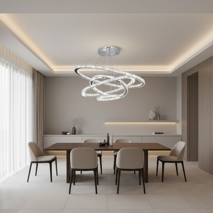 LED lustr s dálkovým ovládáním PRISM Luminis, krystal a kov, 210 W, 4 kruhy, stmívatelný, studené/teplé/neutrální světlo, luxusní osvětlení