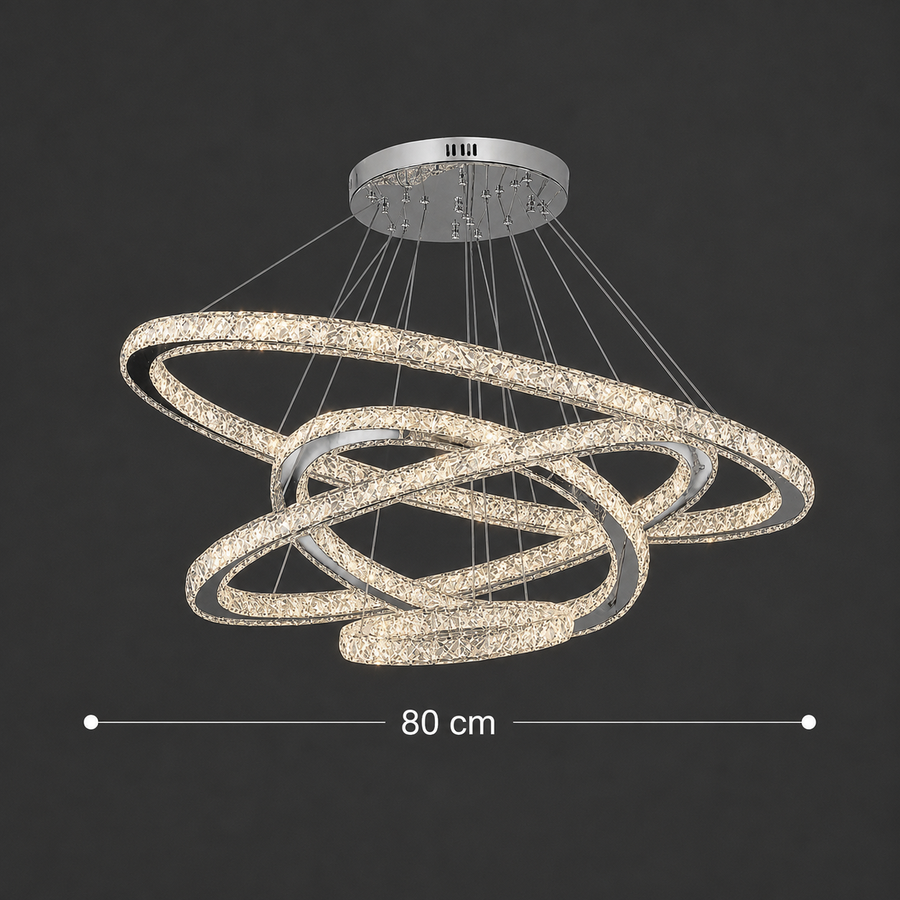 LED lustr s dálkovým ovládáním PRISM Luminis, krystal a kov, 210 W, 4 kruhy, stmívatelný, studené/teplé/neutrální světlo, luxusní osvětlení