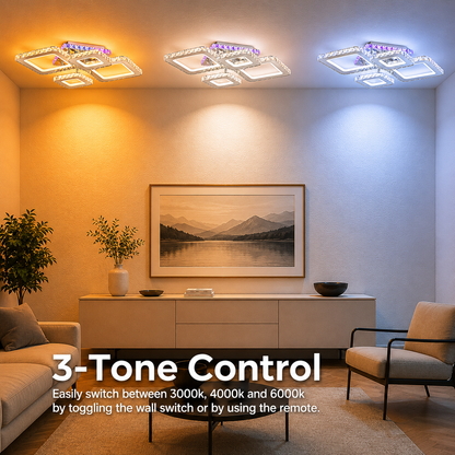 LED lustr s dálkovým ovládáním a krystalem NOVA RHOMBA RGB 95W, 4 čtverce, studené/teplé/neutrální světlo, stmívatelné, lesklý chrom LED lustry a krystaly Výchozí název Alessandro Design