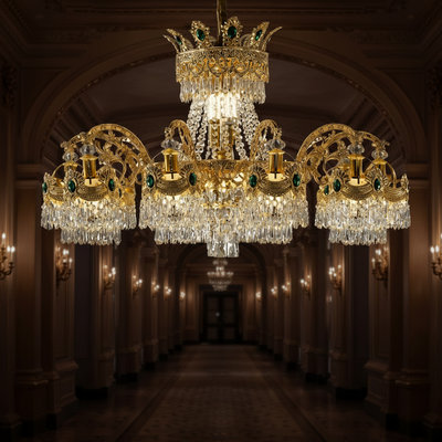 Křišťálový lustr Regalis 11x E14, průměr 85 cm, lesklé zlato, nastavitelná výška, kov a křišťál