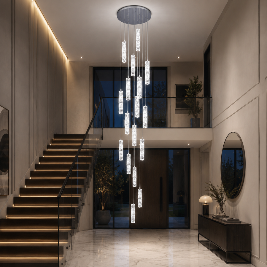 LED křišťálový lustr AMIRI 82W Chrome, teplé/neutrální/studené světlo 3000K/4000K/6000K Amiri, průměr 40 cm x výška 300 cm, křišťál a kov