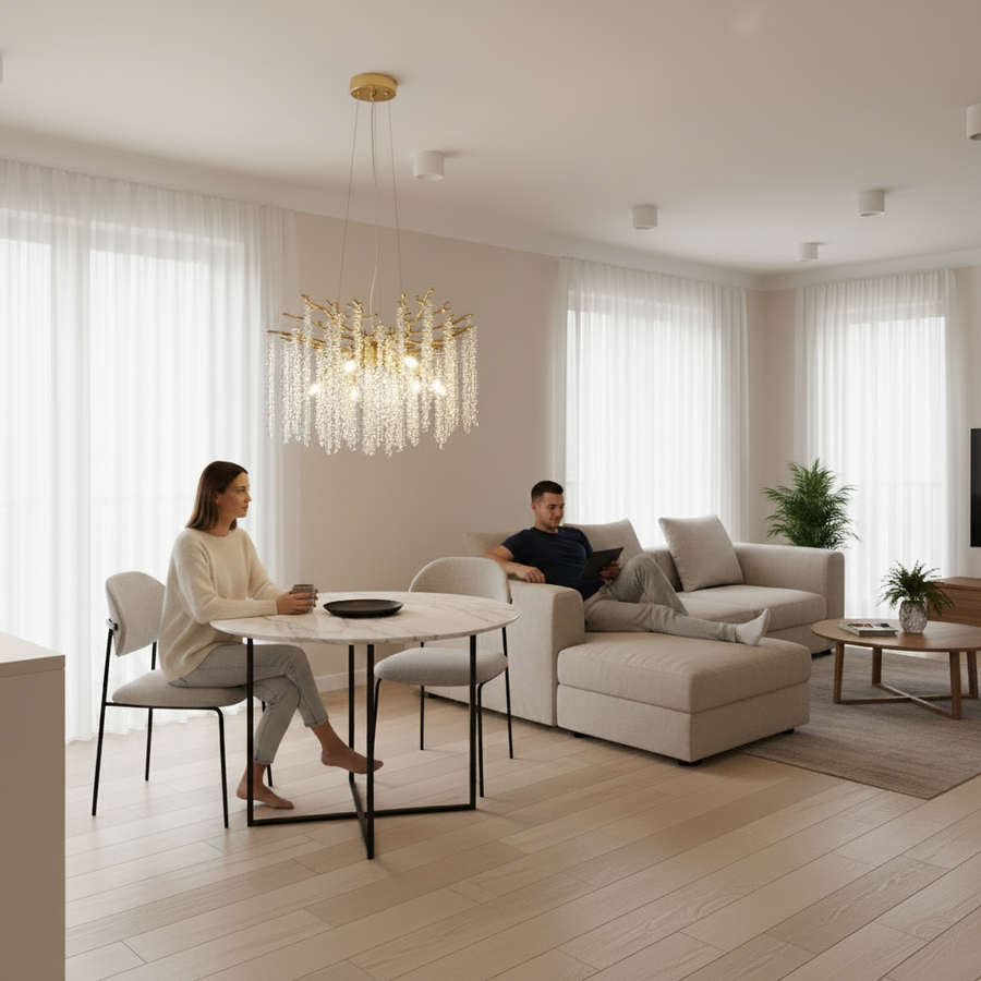 Candelabru Cristal ARBUS Eleganza, Φ50cm, 6xE14, Auriu, Metal si Cristal