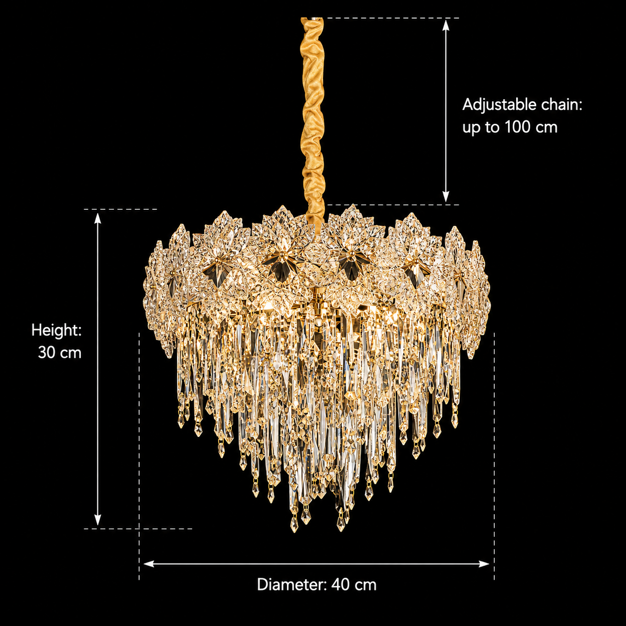 Křišťálový lustr FLEUR Nobile 5xE14, průměr 40 cm, výška 30 cm, lesklé zlato, nastavitelná výška, elegantní design Křišťálový lustr Výchozí název Alessandro Design