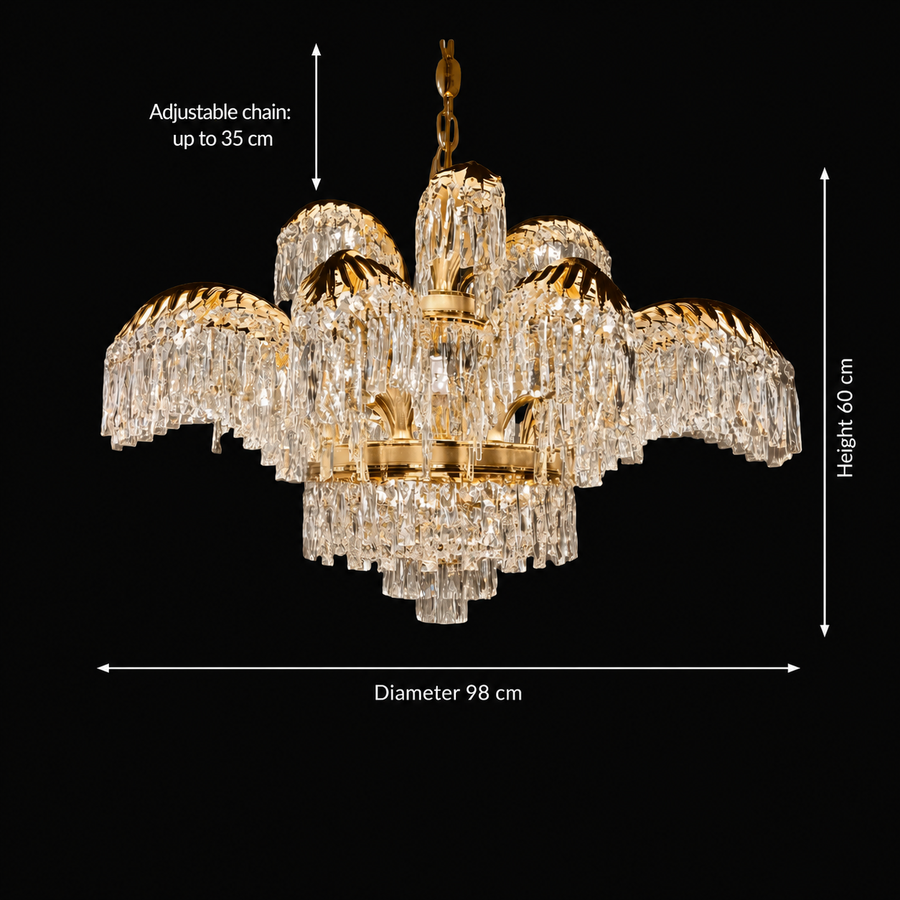 Candelabru Cristal PALACE Imperio, 15 brate, 22xG9, D98cm, Auriu Lucios, Inaltime Reglabila, Metal si Cristal Candelabre Cristal Default Title Alessandro Design