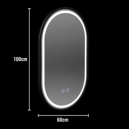 LED oválné zrcadlo 60x100cm VETRO Touch Dimmable Demister System, černý rám
