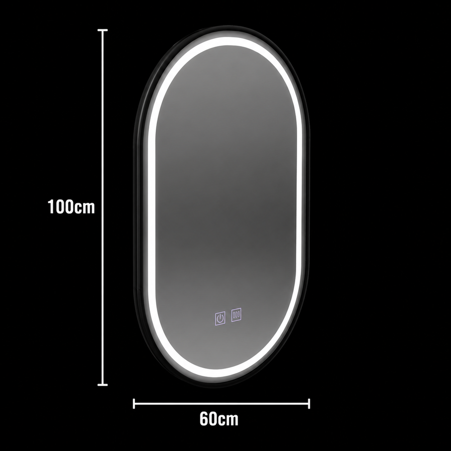 LED oválné zrcadlo 60x100cm VETRO Touch Dimmable Demister System, černý rám