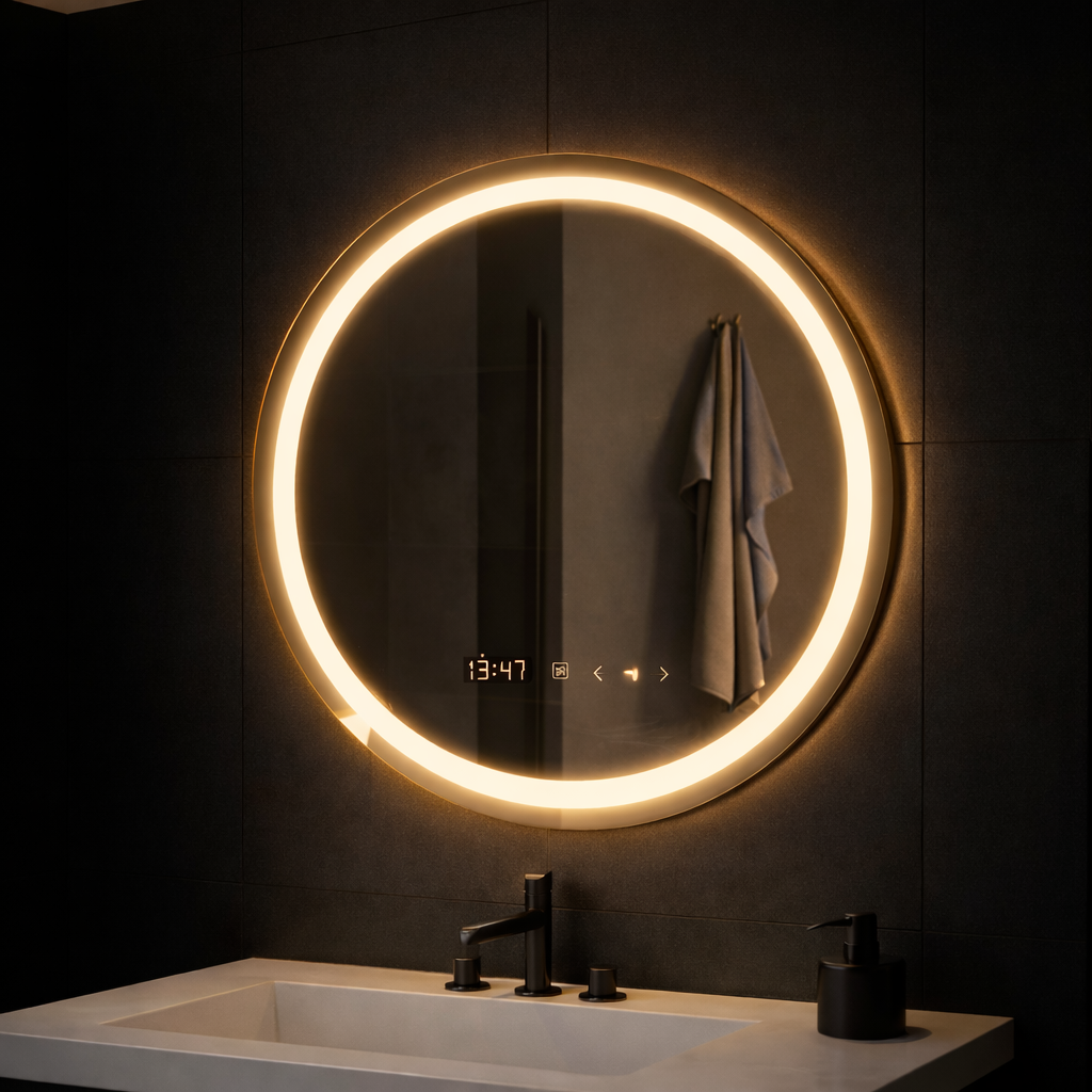 Kulaté LED zrcadlo, 70 cm, Celeste MotionGlow Marcello, Demister System, Hodiny a teploměr, Stmívatelné, Teplé Neutrální Studené světlo 3000K/4000K/6000K Zrcadla Marcello Výchozí název Alessandro Design