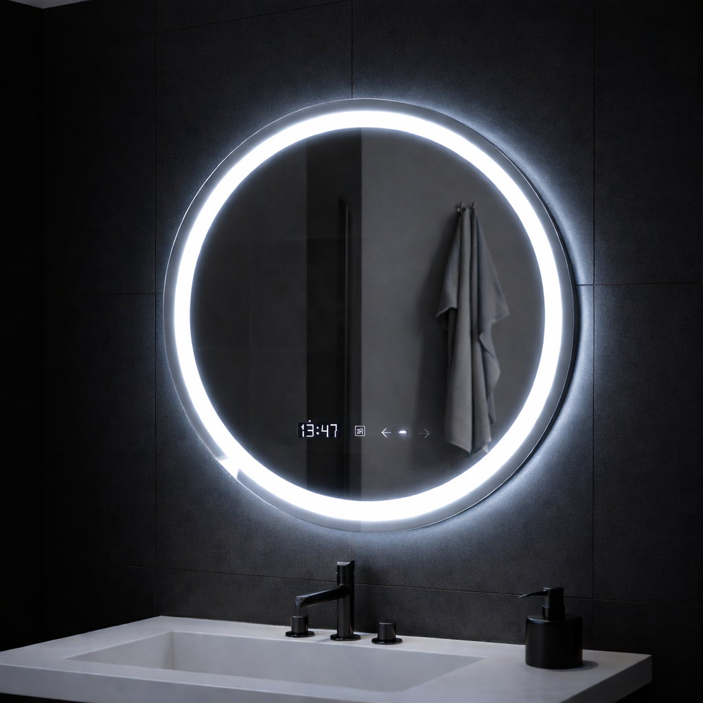 Kulaté LED zrcadlo, 70 cm, Celeste MotionGlow Marcello, Demister System, Hodiny a teploměr, Stmívatelné, Teplé Neutrální Studené světlo 3000K/4000K/6000K Zrcadla Marcello Výchozí název Alessandro Design