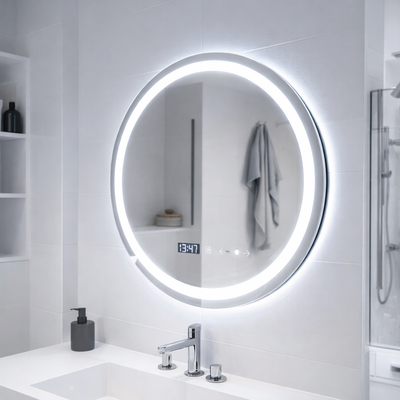 Kulaté zrcadlo LED, 70 cm, Celeste MotionGlow Marcello, systém odmlžování, hodiny a teploměr, stmívatelné, teplé neutrální studené světlo 3000K/4000K/6000K