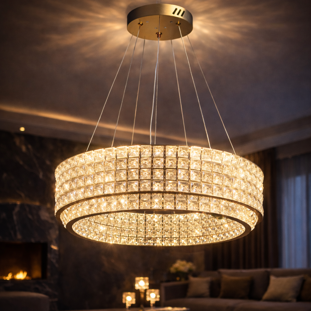 Lustra LED cu Telecomanda,LLC160/500GD, Cristal si Metal, 54W, Dimabila, Inaltime Reglabila, Lumina Rece/Calda/Neutra, Iluminat Luxos Lustre LED cu Telecomanda Default Title Alessandro Design
