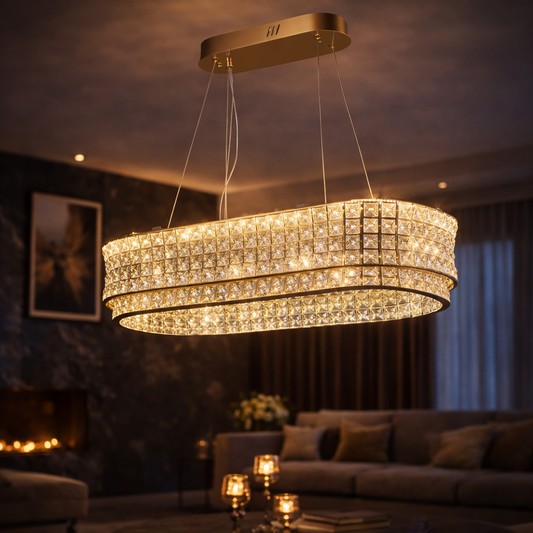 Lustra LED cu Telecomanda, LLC160/750X350GD, Cristal si Metal, 72W, Dimabila, Inaltime Reglabila, Lumina Rece/Calda/Neutra, Iluminat Luxos Lustre LED cu Telecomanda Default Title Alessandro Design