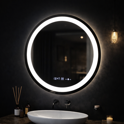 Kulaté LED zrcadlo, průměr 50 cm, Celeste MotionGlow Marcello, systém odmlžování, hodiny a teploměr, stmívatelné, teplé neutrální studené světlo 3000K/4000K/6000K Marcello Mirrors Výchozí název Alessandro Design
