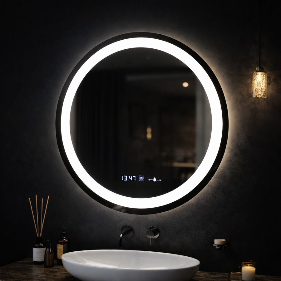 Kulaté LED zrcadlo, průměr 50 cm, Celeste MotionGlow Marcello, systém odmlžování, hodiny a teploměr, stmívatelné, teplé neutrální studené světlo 3000K/4000K/6000K Marcello Mirrors Výchozí název Alessandro Design
