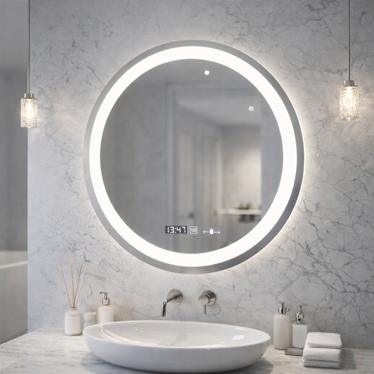 Kulaté LED zrcadlo, průměr 50 cm, Celeste MotionGlow Marcello, systém odmlžování, hodiny a teploměr, stmívatelné, teplé neutrální studené světlo 3000K/4000K/6000K Marcello Mirrors Výchozí název Alessandro Design