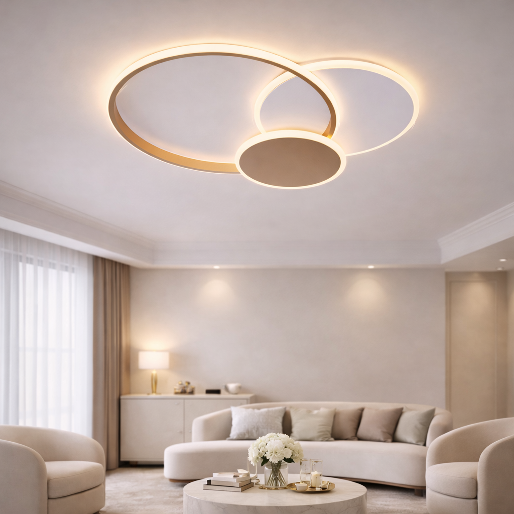 LED lustr s dálkovým ovládáním KILLIAN 46W, 3 kruhy, studené/teplé/neutrální světlo 3000K/4000K/6000K, stmívatelné, zlato bílé LED lustry s dálkovým ovládáním Výchozí název Alessandro Design