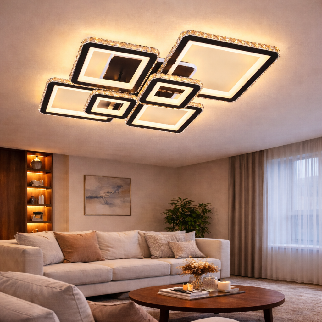 LED lustr s dálkovým ovládáním a krystalem QUADRIS RGB 177W, 6 čtverců, studené/teplé/neutrální světlo 3000K/4000K/6000K, stmívatelné, černé, kovové a křišťálové LED lustry s dálkovým ovládáním Výchozí název Alessandro Design