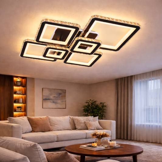 LED lustr s dálkovým ovládáním a krystalem QUADRIS RGB 177W, 6 čtverců, studené/teplé/neutrální světlo 3000K/4000K/6000K, stmívatelné, černé, kovové a křišťálové LED lustry s dálkovým ovládáním Výchozí název Alessandro Design