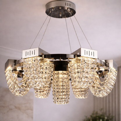 Candelabru Cristal LED 24W, STRATUS Regalis, Diametru 80cm, Crom Lucios, Inaltime Reglabila, Lumina Calda Neutra Rece 3000K/4000K/6000K, Metal si Cristal Candelabre Cristal Default Title Alessandro Design