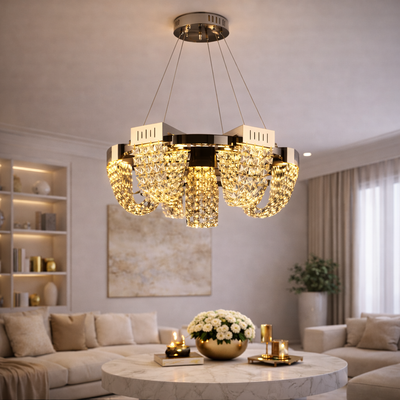 LED křišťálový lustr 24W, CC370/800CH, průměr 80cm, lesklý chrom, nastavitelná výška, teplé neutrální studené světlo 3000K/4000K/6000K, kov a krystal