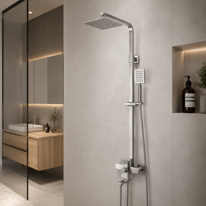 SET Sprchový sloup s baterií, Nerezová ocel, čtvercový para, dešťový efekt, 3 funkce, montáž na stěnu, Satin, Příslušenství v ceně, LY005 Baterie a sprchové sloupy Výchozí název Alessandro Design